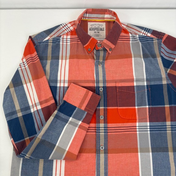 Aeropostale Other - Aeropostale Mens Plaid Button Down Shirt Red Orange Blue Long Sleeve Size Medium